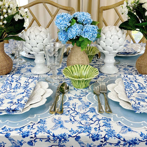 Blue Toile tablecloth and luxury placemats ava in blue