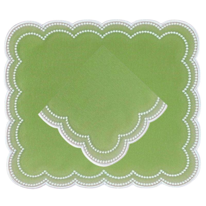 Green placemat with embroidered scalloped edges and pearl embroidery and matching napkin