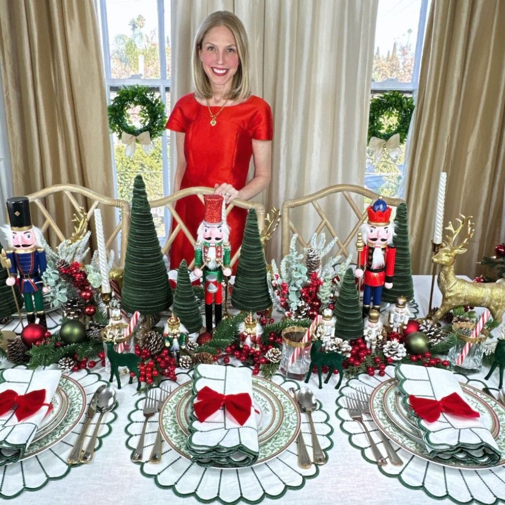 Christmas tablescape, white linen with green embroidery