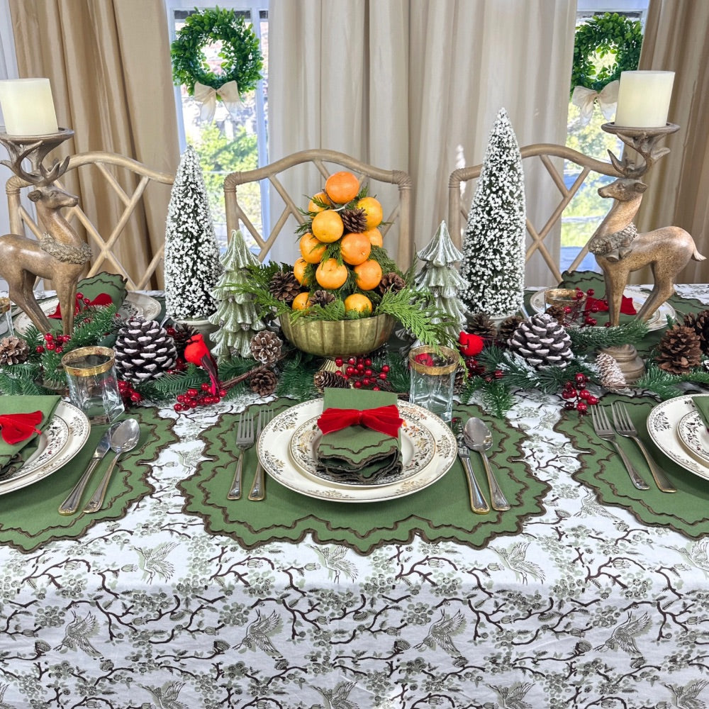 Christmas Tablescape, sage tablecloth and green placemats and napkins, embroidered placemats and napkins