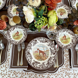 Woodland Spode Red Fox plate on woodland tablecloth 