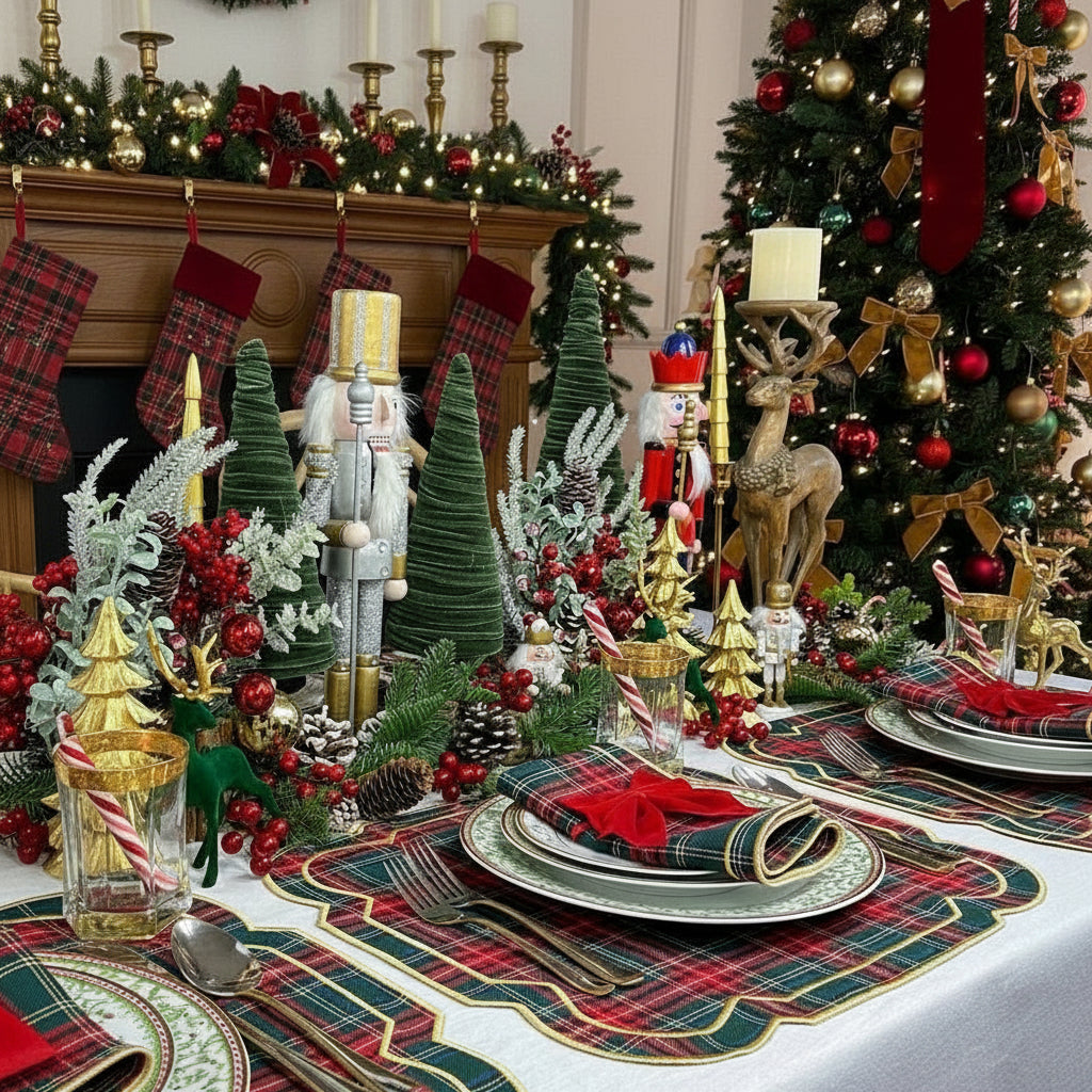 Red plaid placemat and napkin  with double gold embroidery, Christmas placemat, Christmas napkin, Flying Sheep