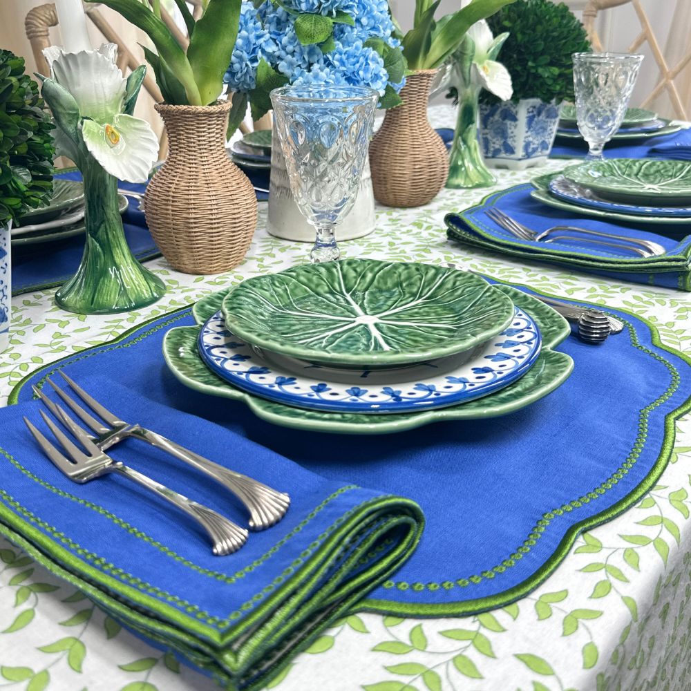 Blue linen with green embroidery on leaves tablecloth