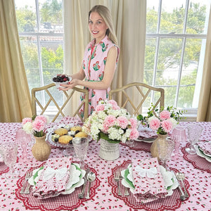 Cherry tablecloth with pink stripes hand block printed with red gingham placemat and ruffled matching napkin