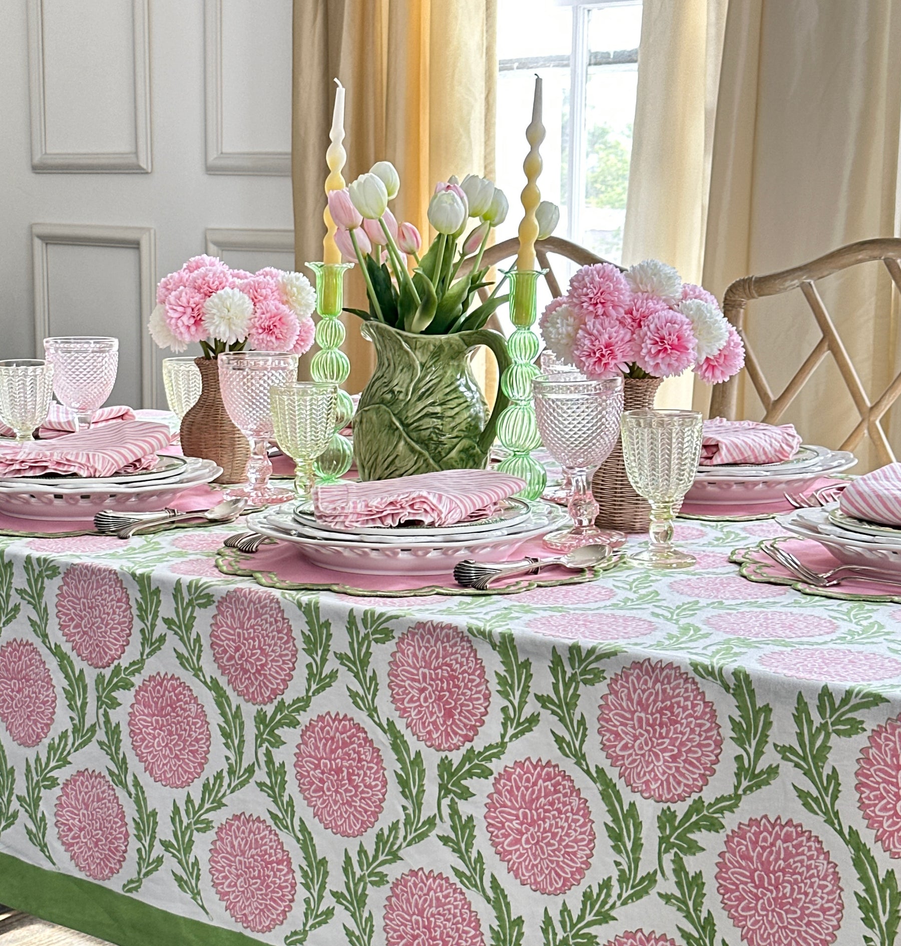 Pink and green floral hand block print tablecloth