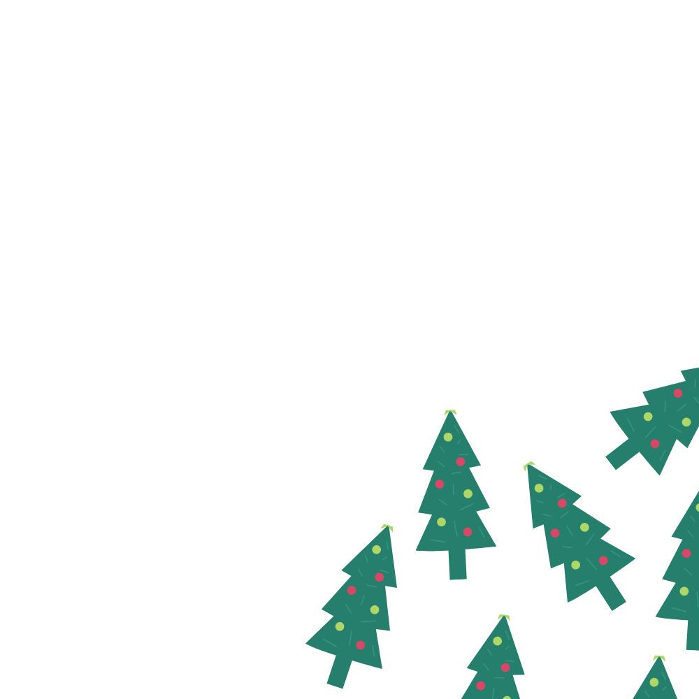 Pattern of green Christmas trees with red and gold decorations on a white background
