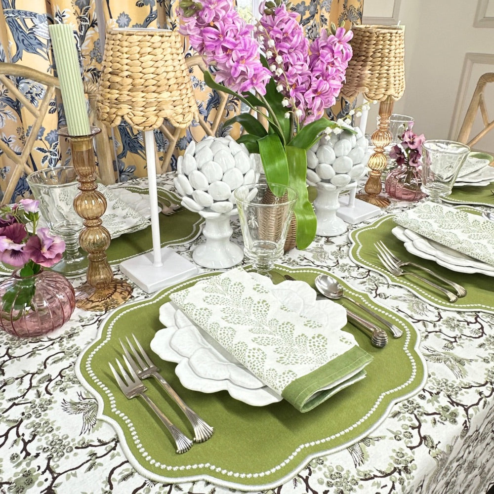 Sage toile hand block tablecloth with luxury placemats in sage 