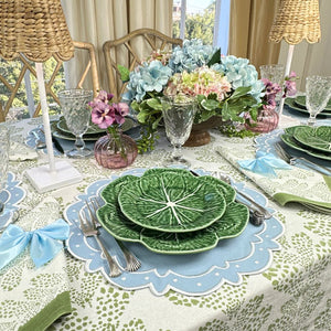 Elegant dining table featuring artisanal sage green hand block printed tablecloth paired with luxury light blue placemats with intricate embroidery details, perfect for sophisticated home decor and upscale entertaining 