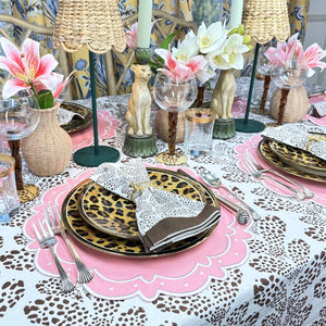 cocoa kelli hand block printed tablecloth and luxury embroidered pink ava placemats